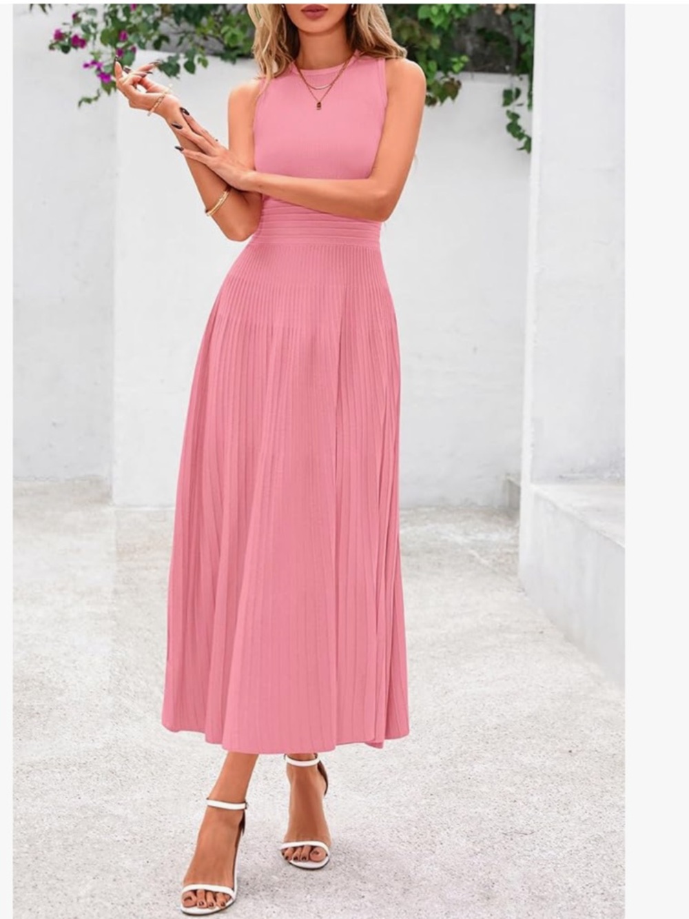 Pink Sleeveless Pleated  Dress -  Elegant Everyday